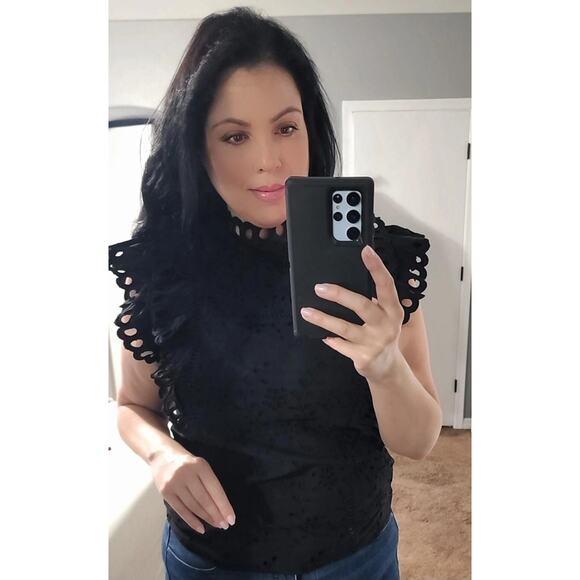 Express Cottage Core Eyelet Mock Neck Top - Picture 3 of 8